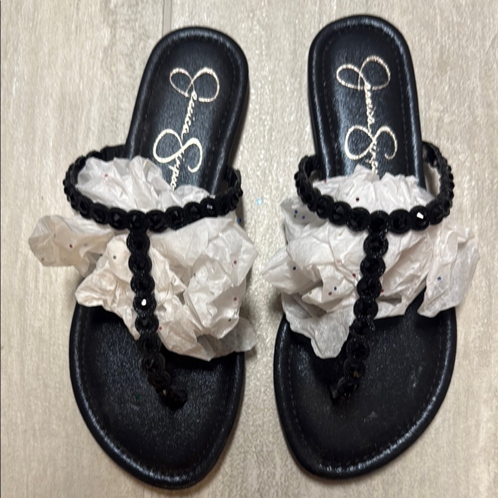 Jessica Simpson Black Sequin T-Strap Slide Sandals